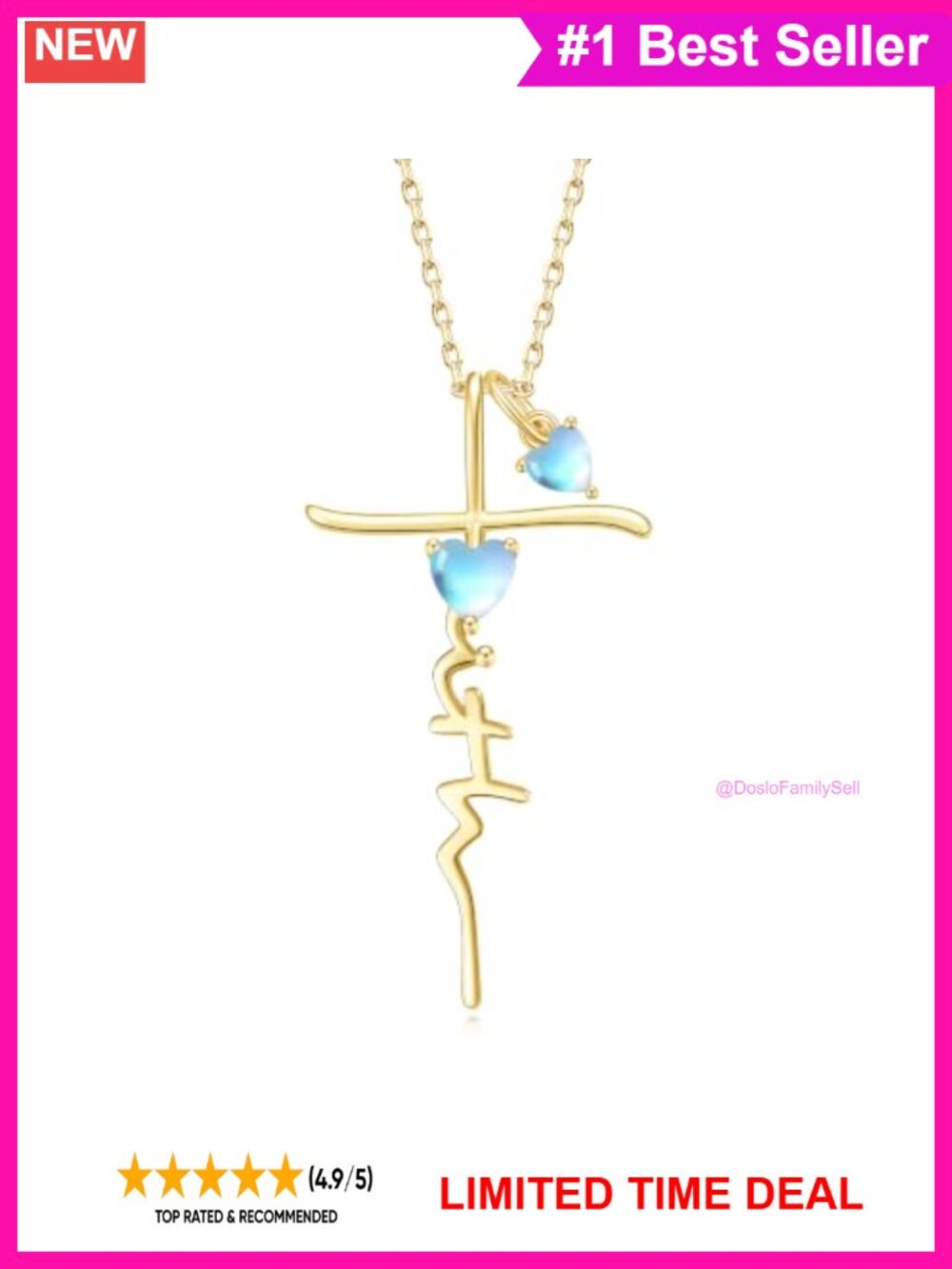 14k Gold Plated Double Heart Birthstone Cross Pendant Necklace 18in